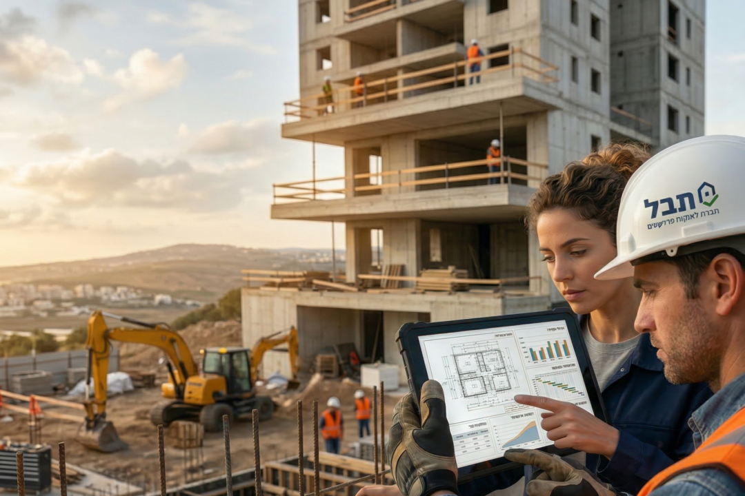 צוות פיקוח וניהול פרויקטים של תבל (תבל - חברה לפיקוח פרויקטים) בוחן תוכניות בנייה על טאבלט באתר בנייה גדול של בניין מגורים רב-קומות בשקיעה פנורמית.
