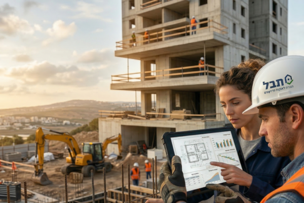 צוות פיקוח וניהול פרויקטים של תבל (תבל - חברה לפיקוח פרויקטים) בוחן תוכניות בנייה על טאבלט באתר בנייה גדול של בניין מגורים רב-קומות בשקיעה פנורמית.