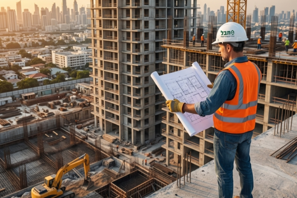 מפקח בנייה הנדסי של תבל בוחן תוכניות דיגיטליות באתר בנייה יוקרתי