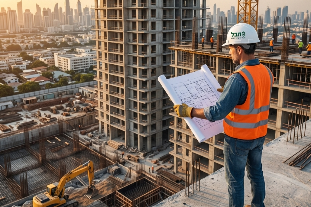 מפקח בנייה הנדסי של תבל בוחן תוכניות דיגיטליות באתר בנייה יוקרתי